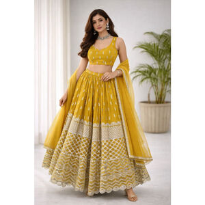 Yellow Sequin Zari Embroidery Work Lehenga Choli
